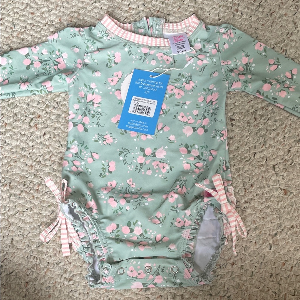 Ruffle Butts Mint Green Floral One-Piece Swimsuit with Pink Accents
